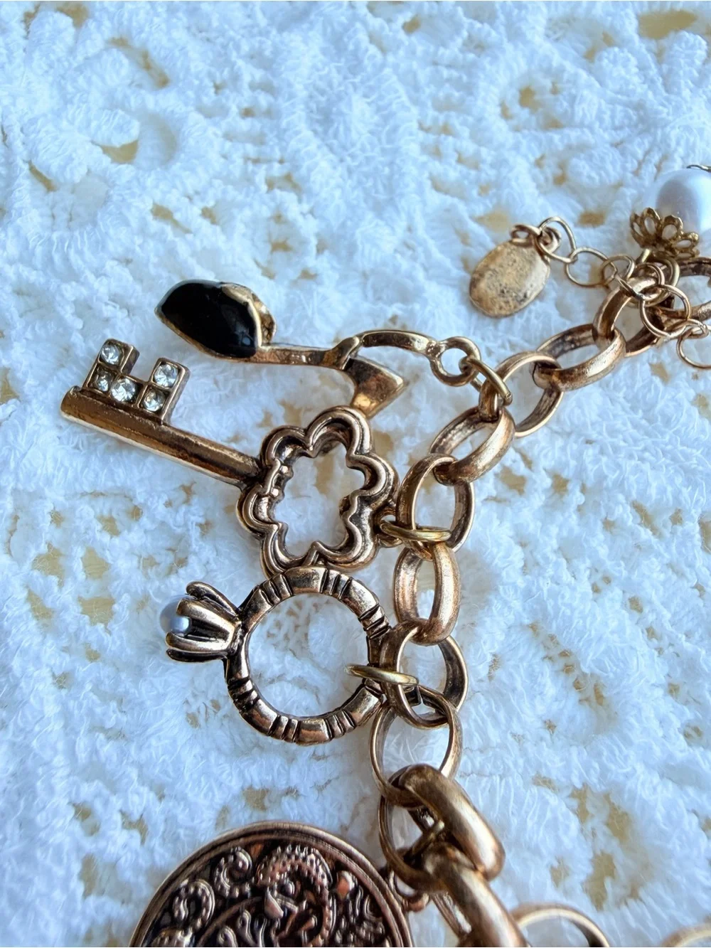 Gold Charm Bracelet with Watch and Tea Set Charms